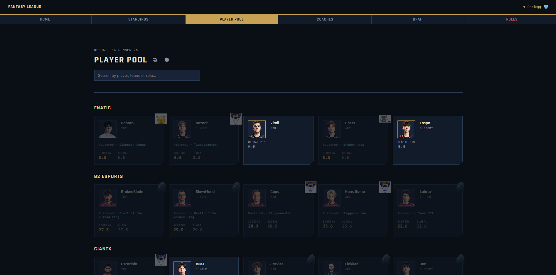 Fantasy League playerpool screenshot